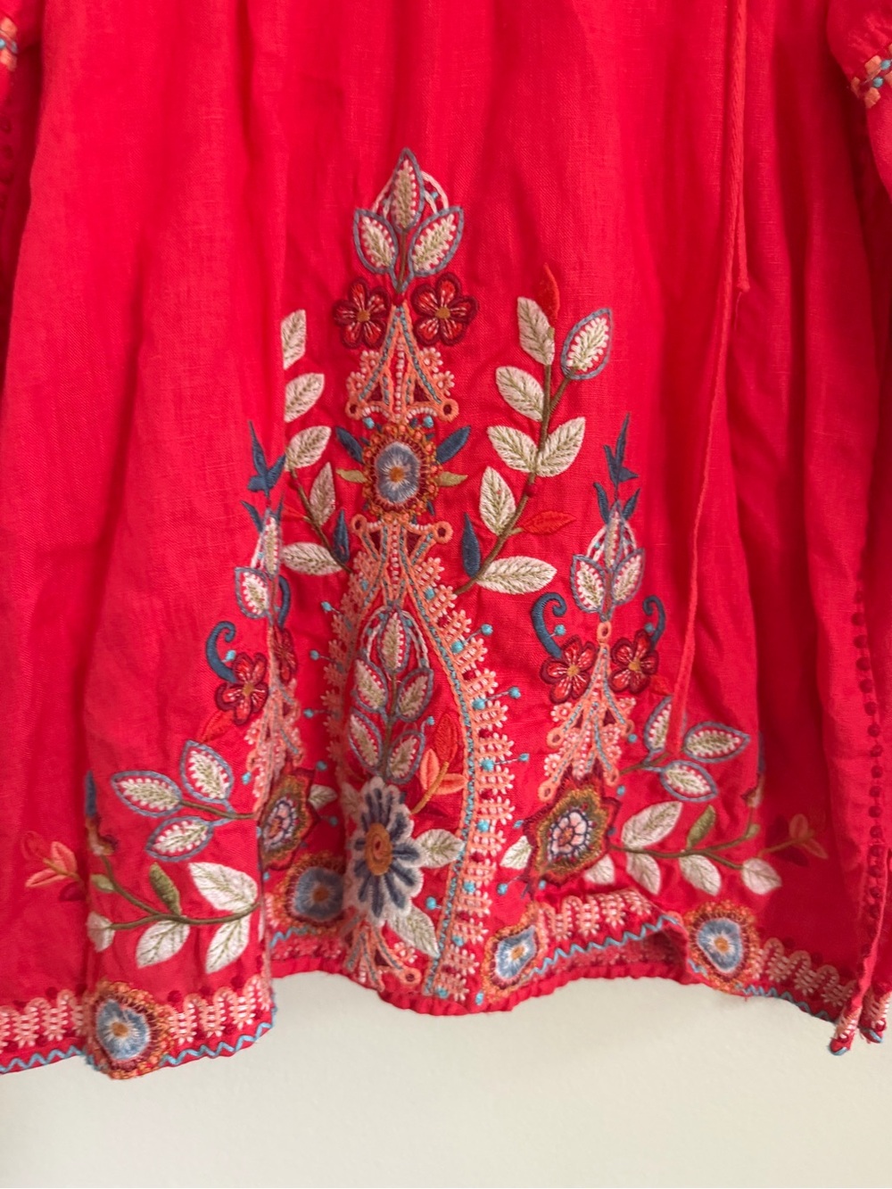 Johnny Was Maisie Peasant Tie Embroidered Blouse Linen Boho Coral Size Small - Picture 4 of 16